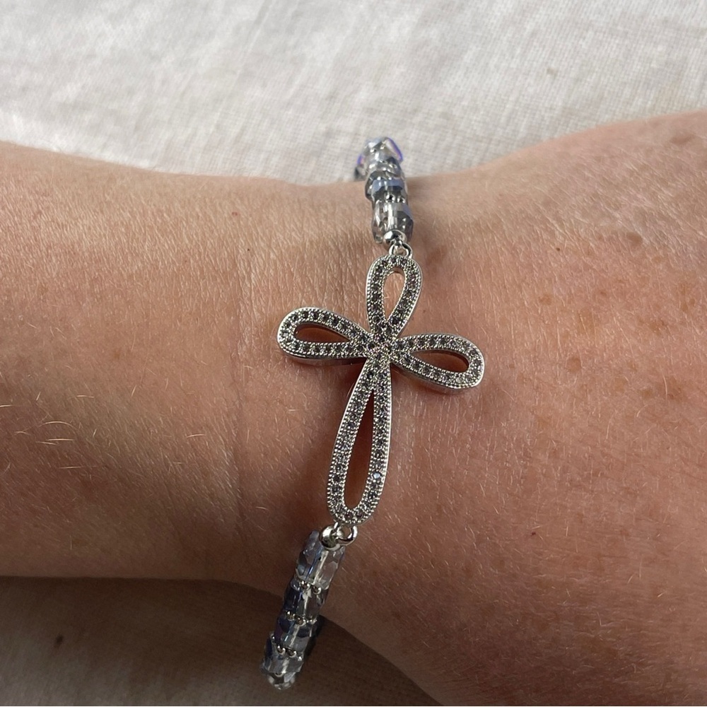 Silver Cross Bracelet with Blue Accents - Picture 2 of 7